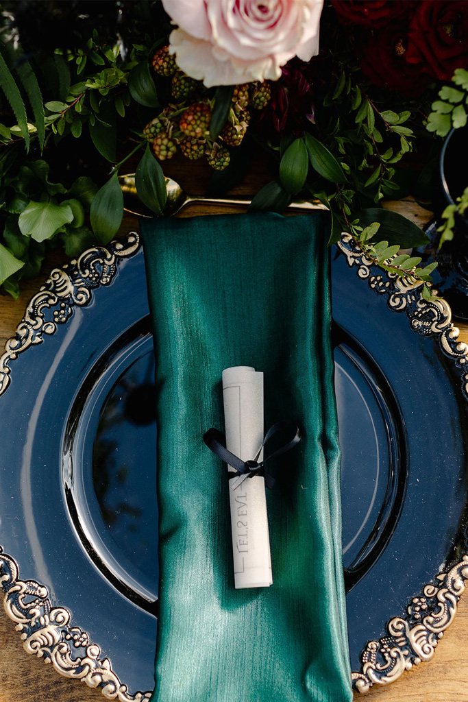 Jewel tone tablescape for outdoor wedding styled by Joy By Joelle.